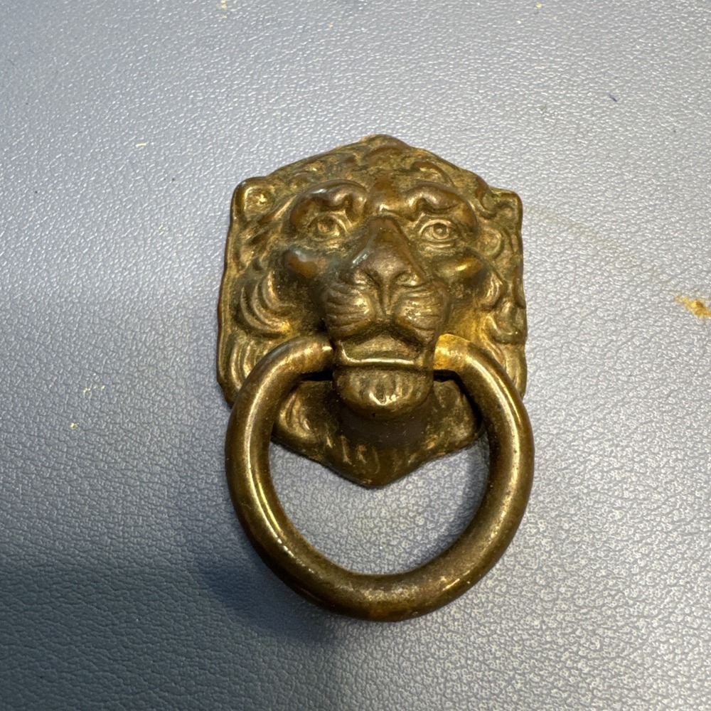 Antique Brass Lion Head Drawer Pull Ring Handle Vintage Furniture Hardware - Picture 1 of 5